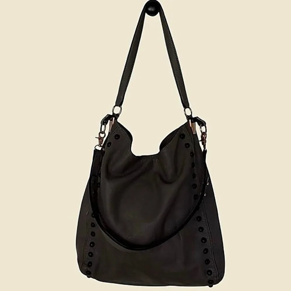 Loeffler Randall Gray Studded Hobo Shoulder Bag Supple Leather